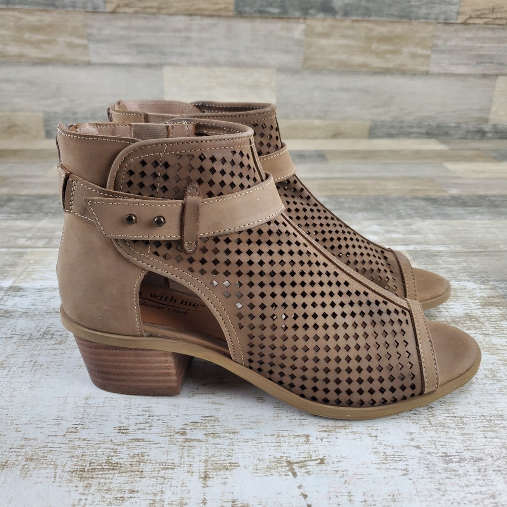 Coldwater Creek Women Sandal Sz 9.5 Taupe Perforated Leather Block Heel Peep Toe